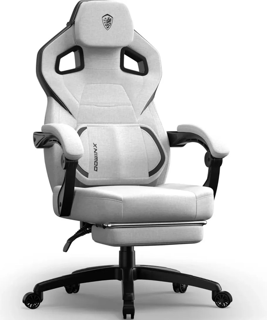 DOWINX Scaun gaming, ergonomic, suport lombar cu masaj, Șezut cu Arcuri Metalice și Spumă, Spătar înalt, rabatabil 90°-135°, Suport picioare, rezistent 150 kg, material textil respirabil, Gri