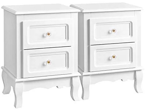 Set 2 noptiere dormitor cu 2 sertare, lemn de pin / MDF, alb, Vasagle, RDN012