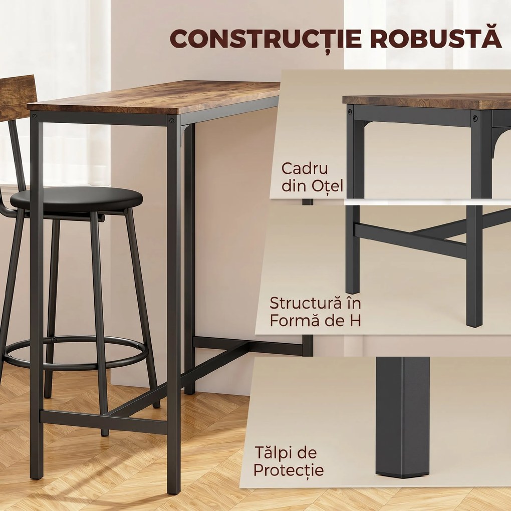 HOMCOM Set Masă de Bar cu 2 Scaune Înalte, Spătar, Suport pentru Picioare, MDF, Metal, 100x40x90,5 cm, Maro Rustic | Aosom Romania