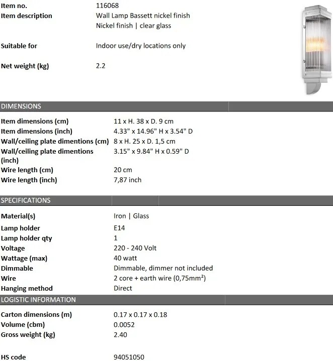Aplica design elegant LUX Bassett, nickel 116068 HZ