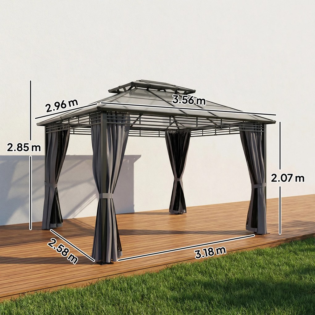 Outsunny Pavilion de grădină ca. 3,6x3m Pavilion din aluminiu cu dublu acoperiș din policarbonat de 6 mm, plasă de țânțari, 4 părți laterale, gri închis | Aosom Romania