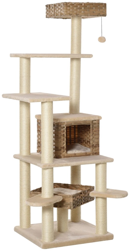 PawHut Săculeț de zgâriat din ratan cu căsuță pentru pisici Săculeț de pisici cu mai multe etaje Kletterbaum pentru pisici E1 MDF Sisal Bej+Maro 55 x 55 x 174 cm | Aosom Romania