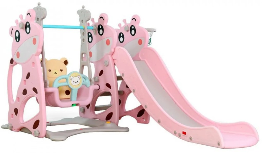 Tobogan 3 in 1 Pentru Copii NOVOKIDS Giraffe Playground, Cu Leagan, Pentru Interior si Exterior, 187 centimetri panta alunecare, Max 40 Kg, Cos de