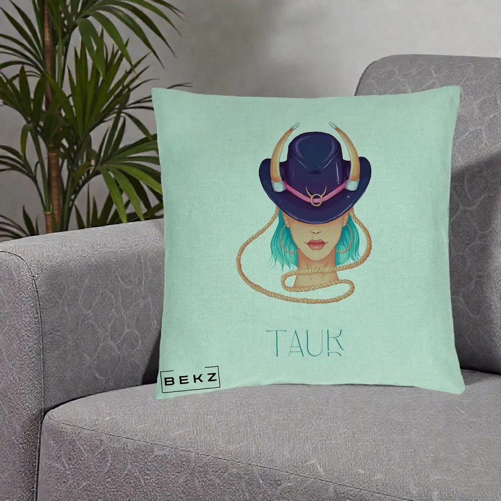 Perna Personalizata Zodie Taur, 40x40 cm, Verde Menta, Husa Detasabila, Perna Inclusa, BEKZ®