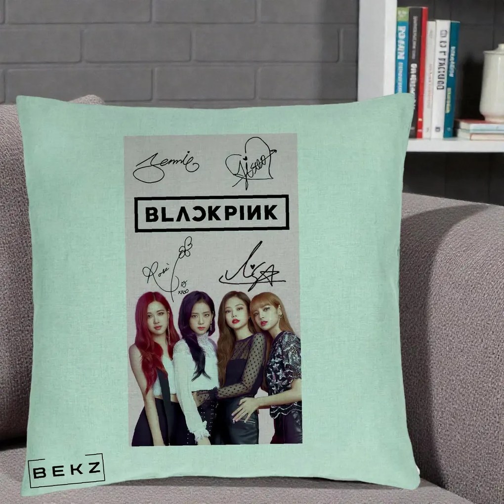 Perna Personalizata K-pop BLACKPINK Semnaturi si Foto, 40x40 cm, Verde Menta, Husa Detasabila, Perna Inclusa, BEKZ®