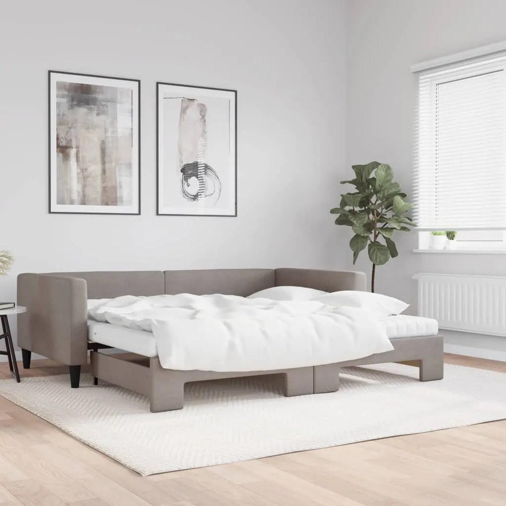 3196604 vidaXL Pat de zi cu extensie și saltele, gri taupe, 100x200 cm, textil