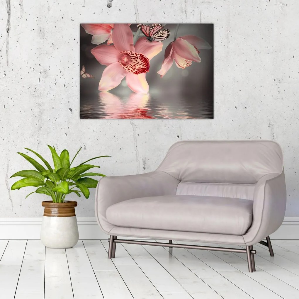 Tablou pe sticlă - Flori și fluture (70x50 cm)