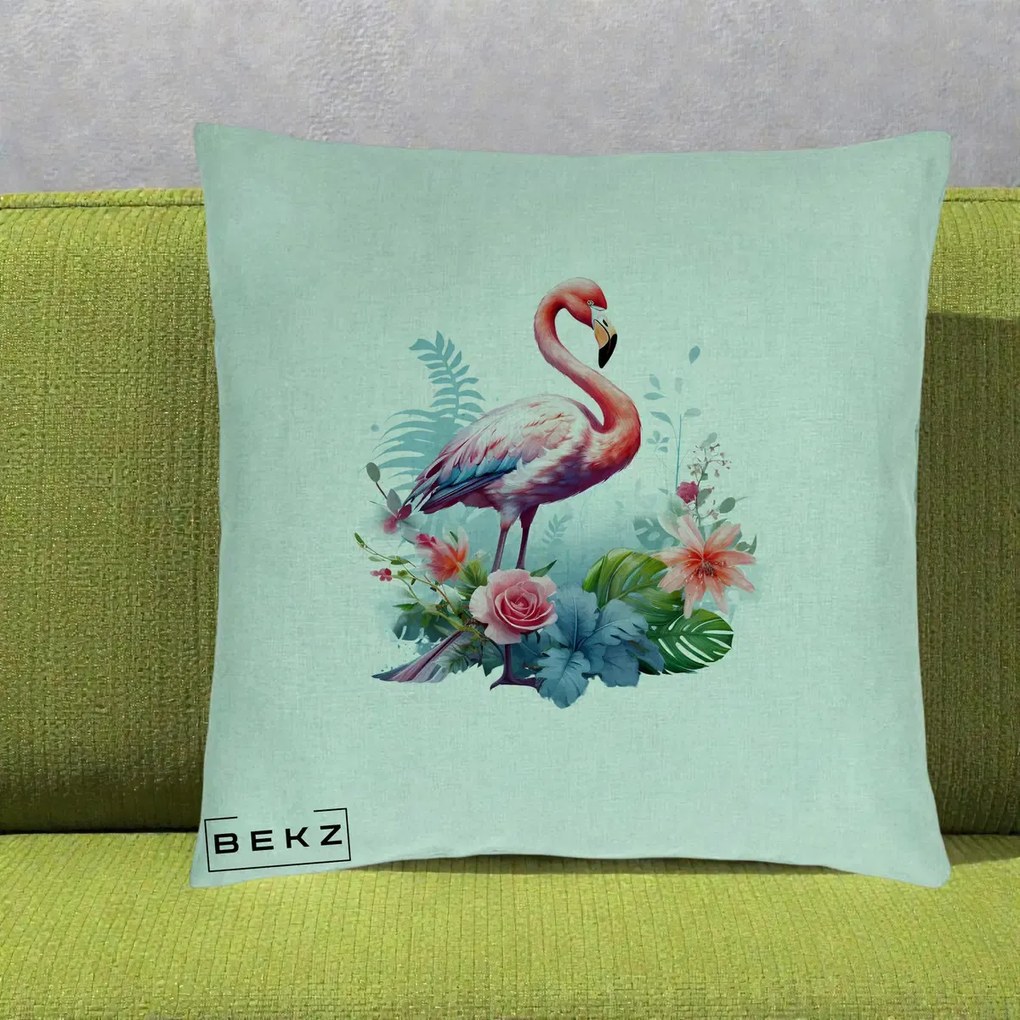 Perna Decorativa Flamingo cu Flori Tropicale Acuarela, 40x40 cm, Verde Menta, Husa Detasabila, Perna Inclusa, BEKZ®
