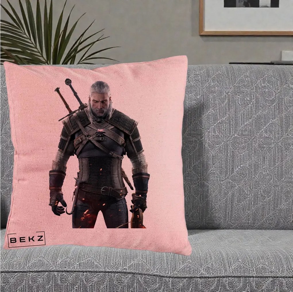 Perna Personalizata The Witcher Geralt of Rivia Portret, 40x40 cm, Roz, Husa Detasabila, Perna Inclusa, BEKZ®