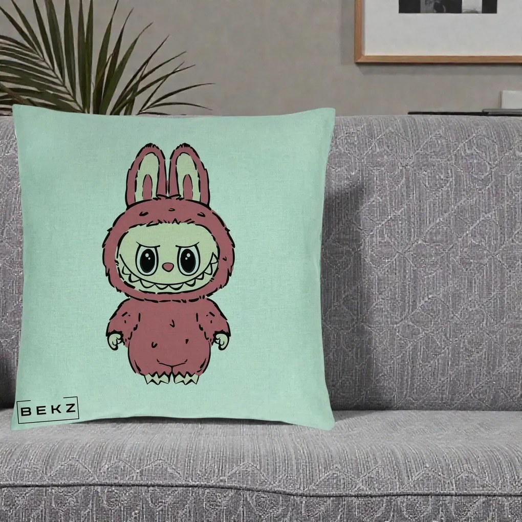 Perna Personalizata Labubu Roz Solo, 40x40 cm, Verde Menta, Husa Detasabila, Perna Inclusa, BEKZ®