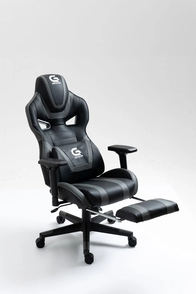 Scaun gaming, masaj in perna lombară, suport picioare, piele PU, Negru/Gri