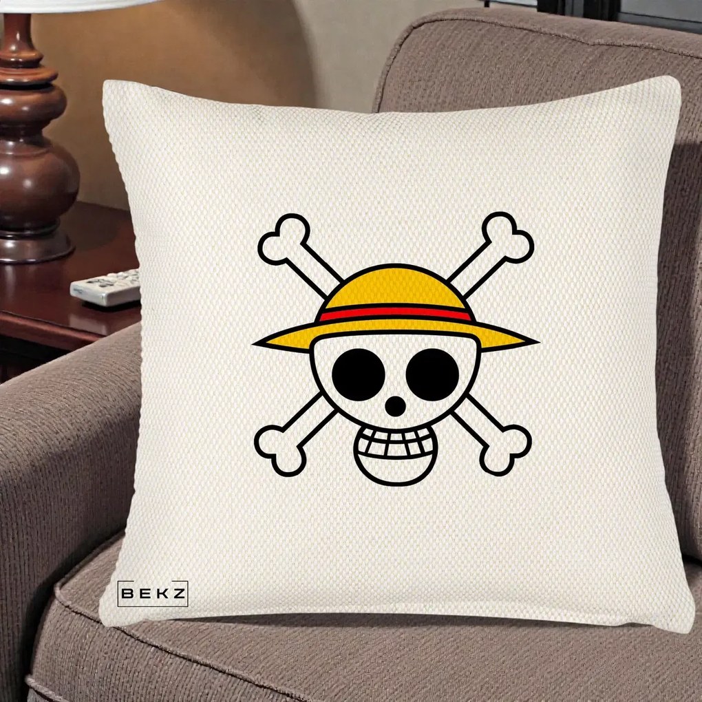 Perna Personalizata One Piece Jolly Roger Straw Hat Pirates, 40x40 cm, Crem Reliefat, Husa Detasabila, Perna Inclusa, BEKZ®