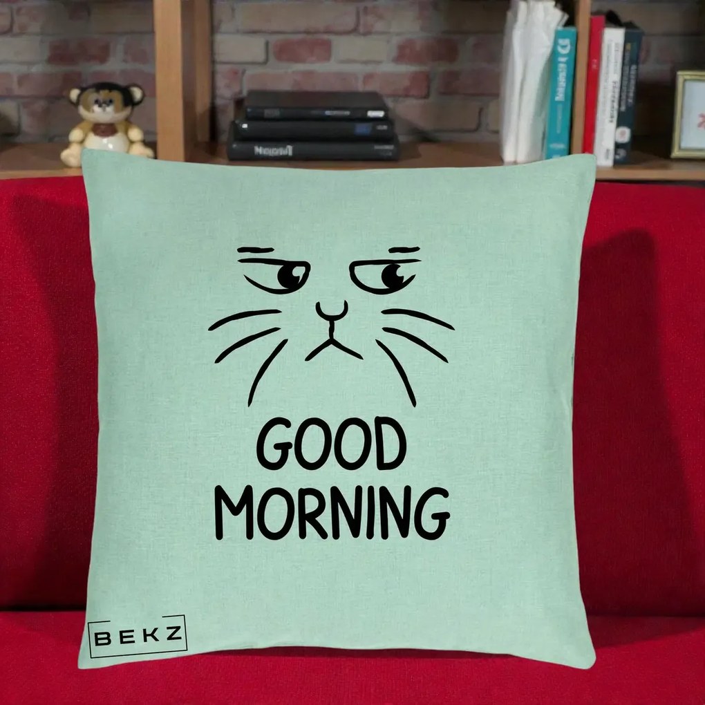 Perna Decorativa Pisica Morocanoasa Good Morning, 40x40 cm, Verde Menta, Husa Detasabila, Perna Inclusa, BEKZ®