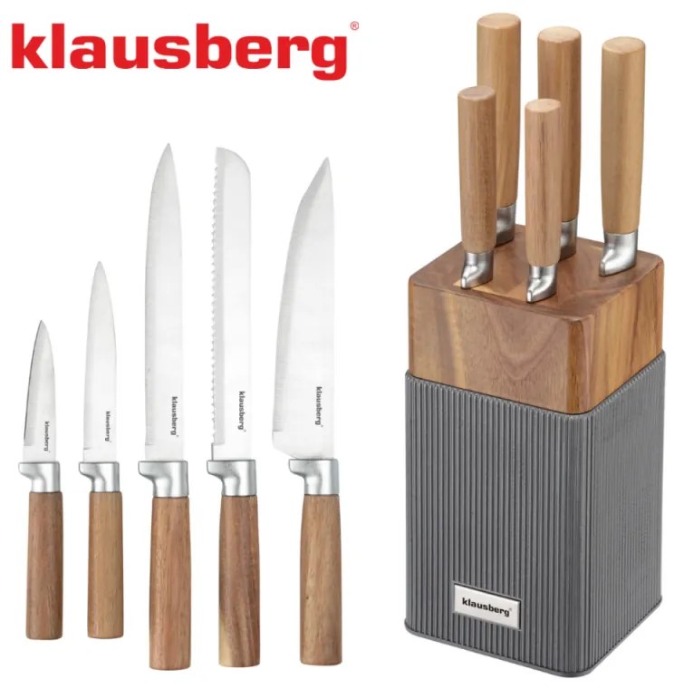 Set cuțite Klausberg KB 7983, 6 piese, Oțel inoxidabil, Mâner lemn de salcâm, Maro/grafit