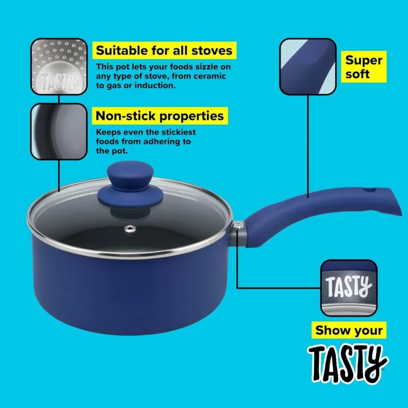 La mâna a doua: Cratita cu capac din sticla Tasty Everyday 678556, 18 cm, 1,8 l, Maner moale, Aluminiu, Acoperire antiaderenta, Albastru