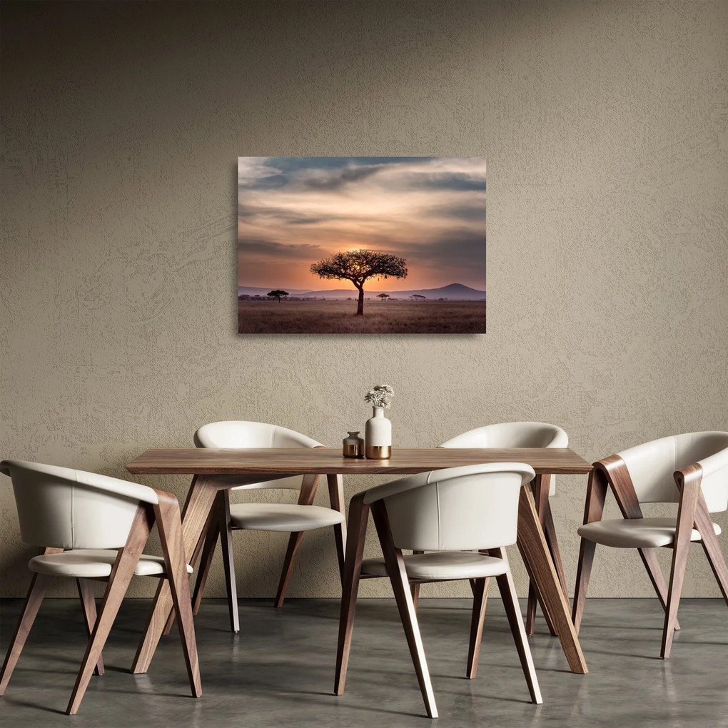 Tablou pe sticlă apusului de soare în Tanzania (70x50 cm)