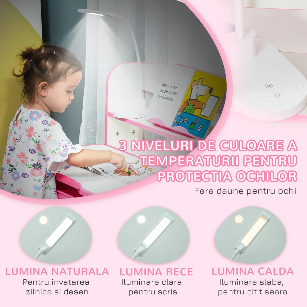 HOMCOM Birou Copii 6-12 Ani, Reglabile pe Înălțime cu Blat Înclinabil la 45°, cu Bancă și Scaun, 80x54,5x82-104 cm, Roz | Aosom Romania