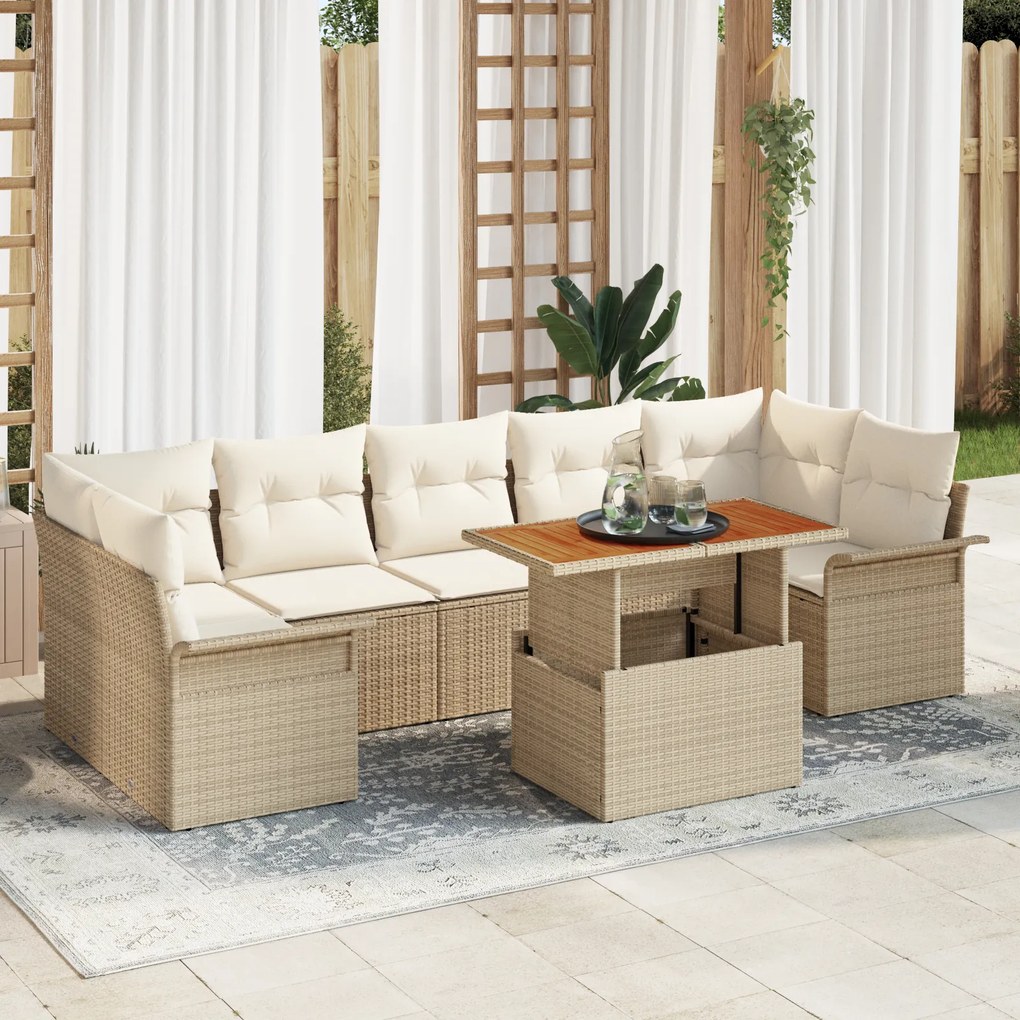 vidaXL Set de canapele de grădină 8 piese cu perne bej, din rattan poliesteric și lemn de acacia