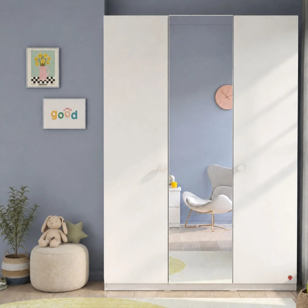 Dulap cu 3 usi si oglinda pentru camera copii, 150x214x62 cm, colectia Varia White