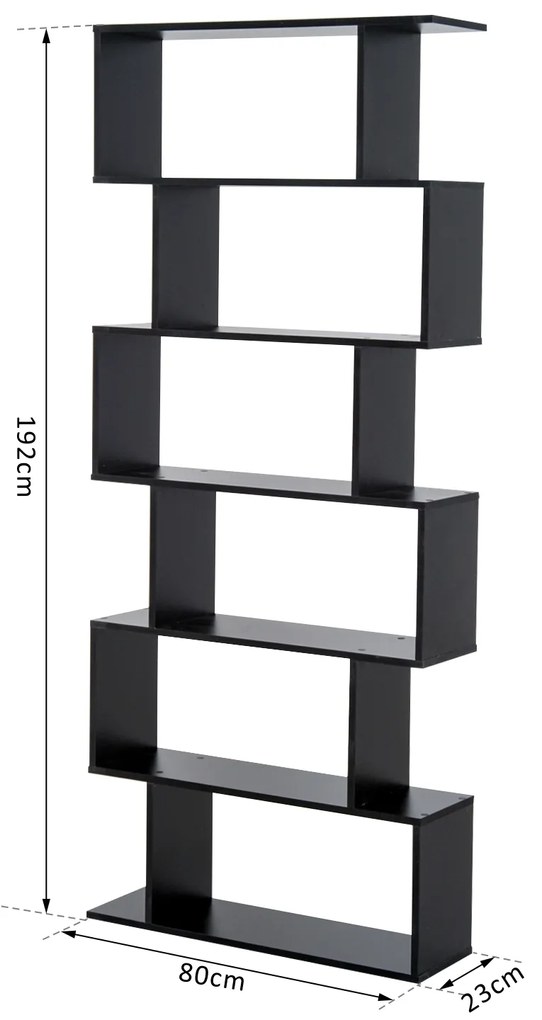 Biblioteca Design Modern in forma de S, din Lemn, cu 6 Rafturi, Negru, 80x23x192cm HOMCOM | Aosom Romania