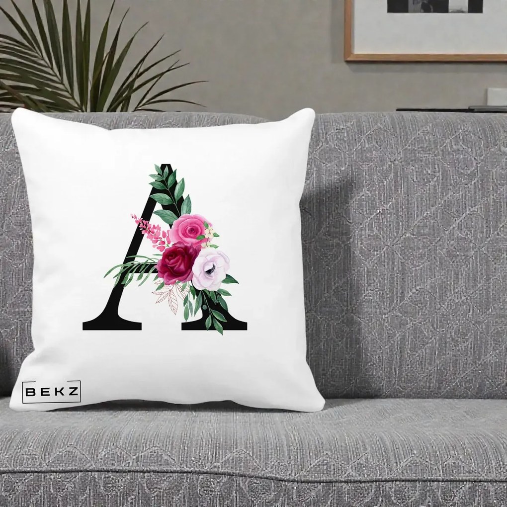 Cadou Personalizat - Perna Personalizata Monograma Florala Litera A, 40x40 cm, Alba Mata, Husa Detasabila, Perna Inclusa, BEKZ®