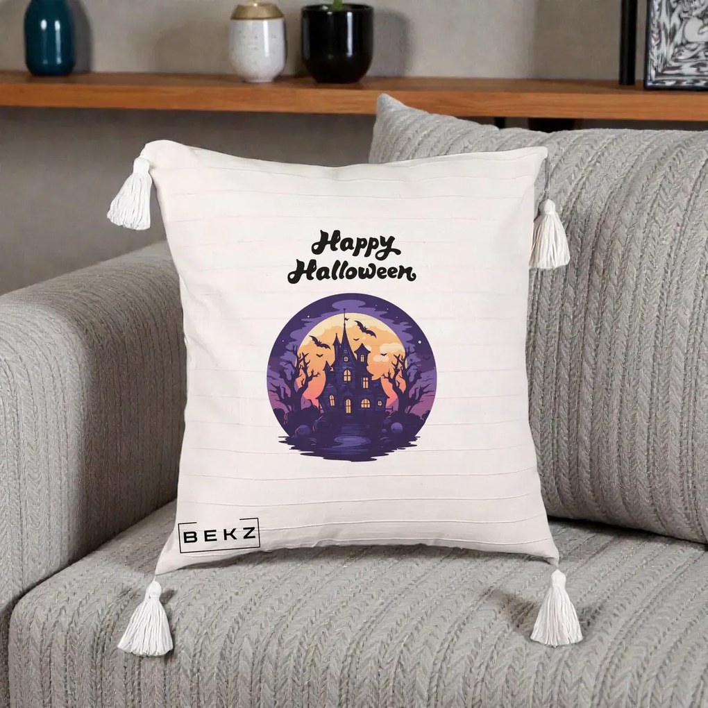 Perna Decorativa Happy Halloween Casa Bantuita Violet, 40x40 cm, Bej cu Franjuri, Husa Detasabila, Perna Inclusa, BEKZ®