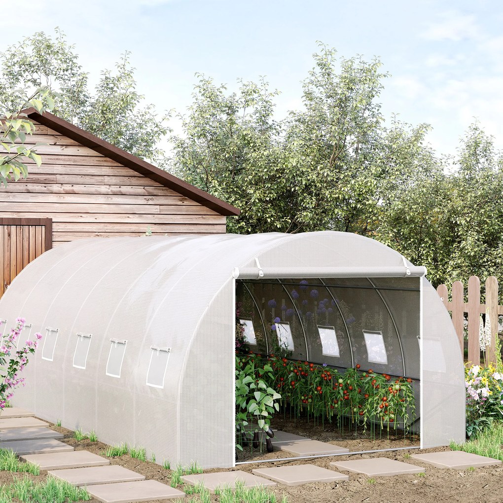 Outsunny Seră tip tunel 6x3x2 m Seră de grădină cu ușă rulabilă 12 ferestre Învelitoare PE 140 g/m² și metal galvanizat pentru culturi plante legume Alb | Aosom Romania