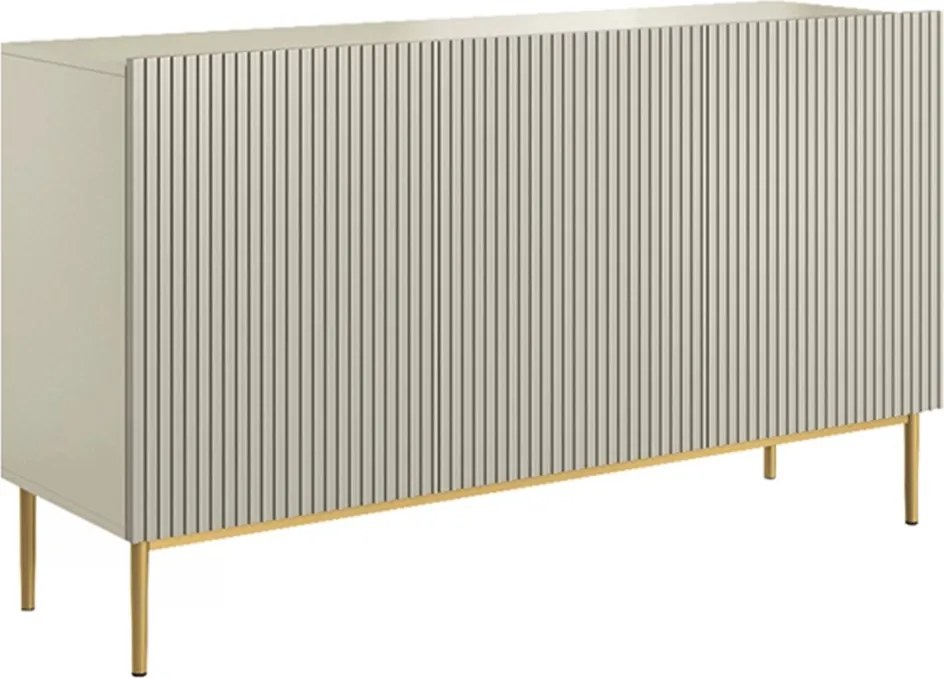 Comodă Nicole 150 cm cu trei uși, fronturi riflate - casmir / picioare aurii