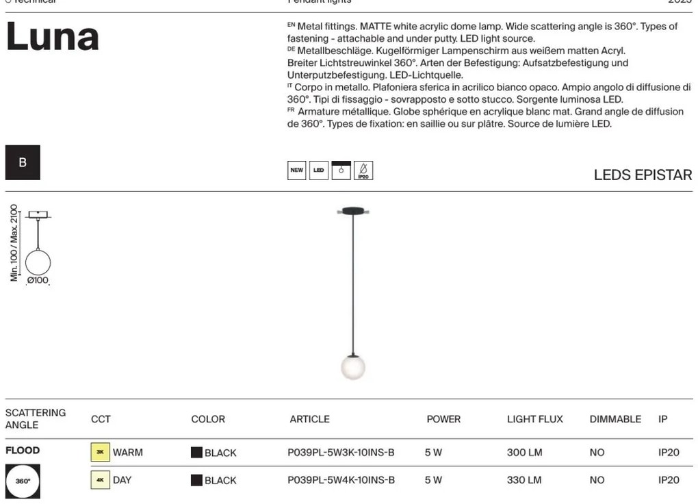 Pendul LED incastrabil design tehnic Luna negru, 4000K