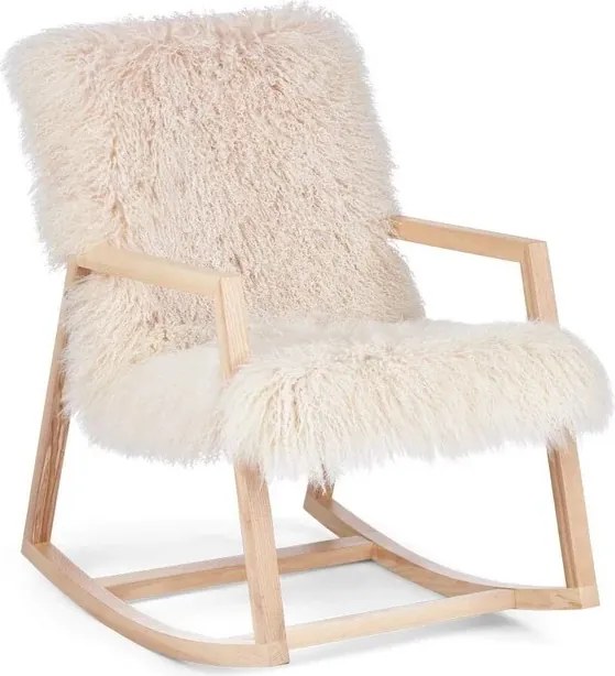 Fotoliu balansoar din lemn de frasin, cu pernă din 100% blană naturală de oaie tibetană, cu fir lung și buclat, „Rocking Chair”