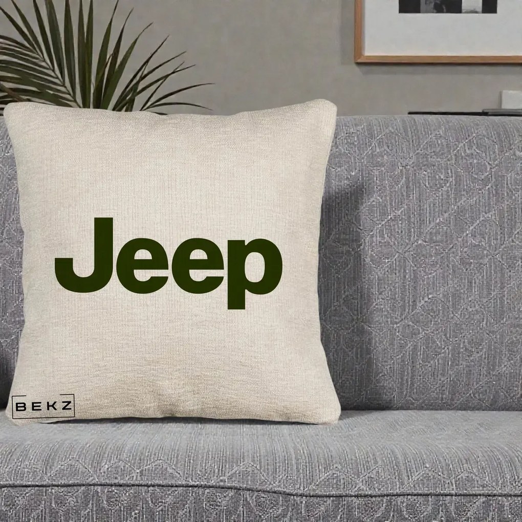 Perna Personalizata cu emblema Jeep, 40x40 cm, Bej Canapea, Husa Detasabila, Perna Inclusa, BEKZ®