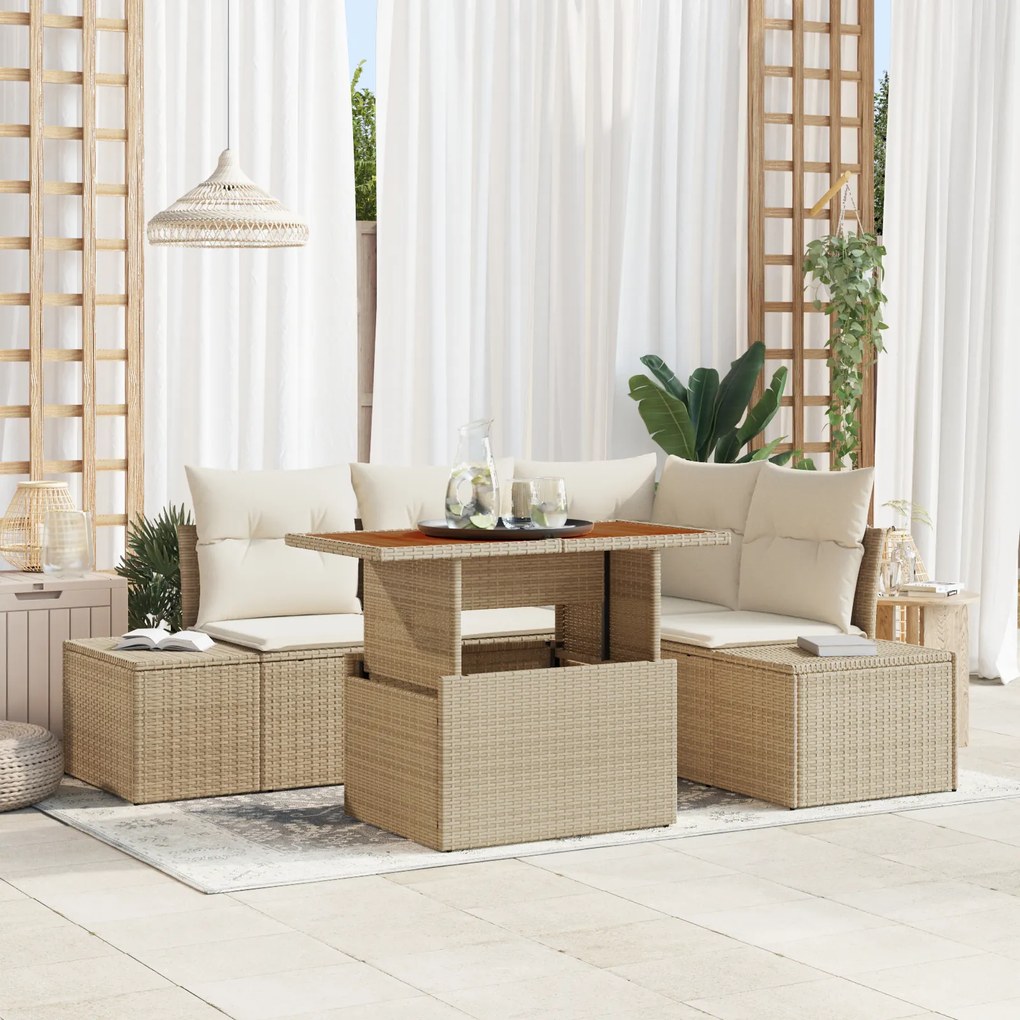 vidaxl Set de dining pentru grădină, 5 piese, cu perne, Bej, ratan polițat și acacia
