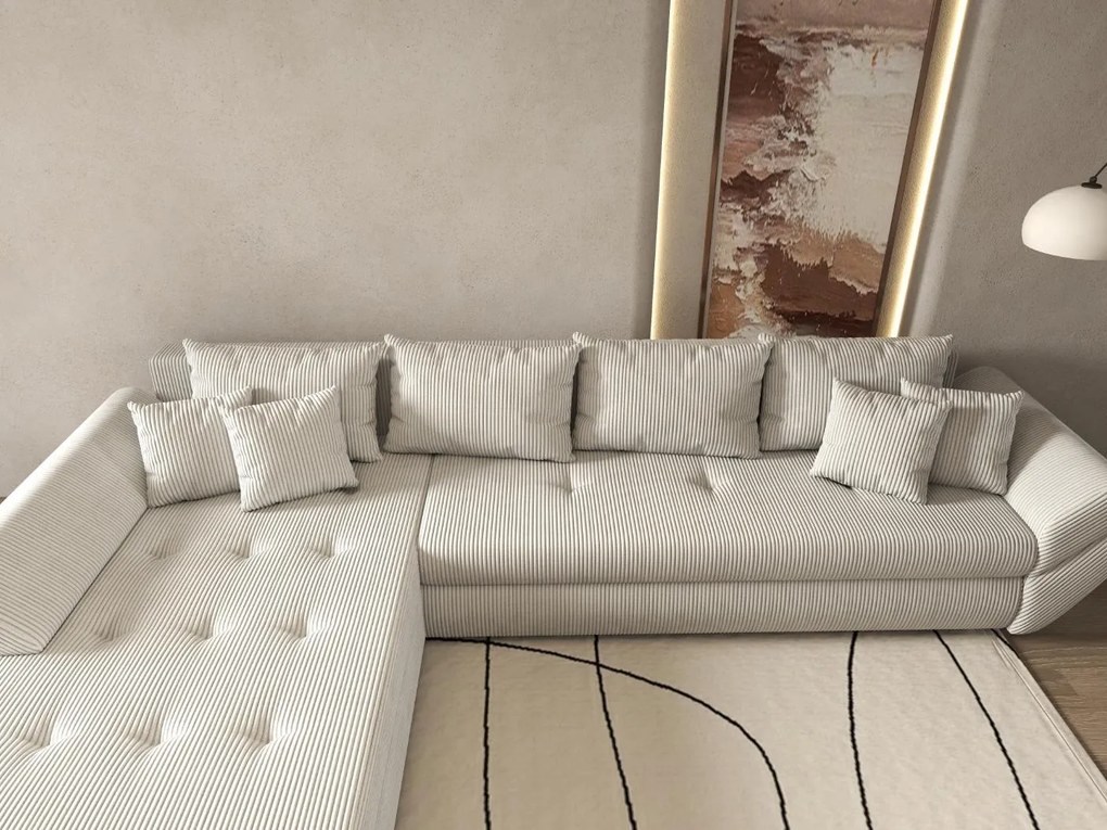 Colțar extensibil dumonde cu ladă de depozitare si sezut confortabil din spuma high-density, Loana XL Zoom Cream 335x185 cm