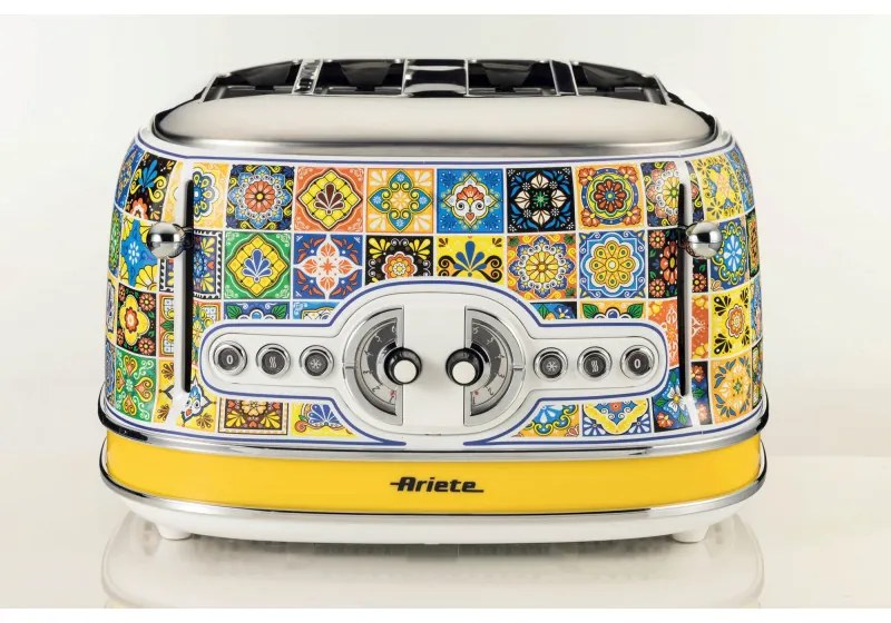 Prajitor de paine Ariete Positano 0156/0P, 1600W, 4 felii, 3 functii, 6 trepte, Tava firimituri, Alb/Galben