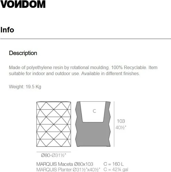 Ghiveci plante, flori design decorativ modern pentru amenajari interioare si exterioare, MARQUIS HANGING PLANTER 47086R Vondom