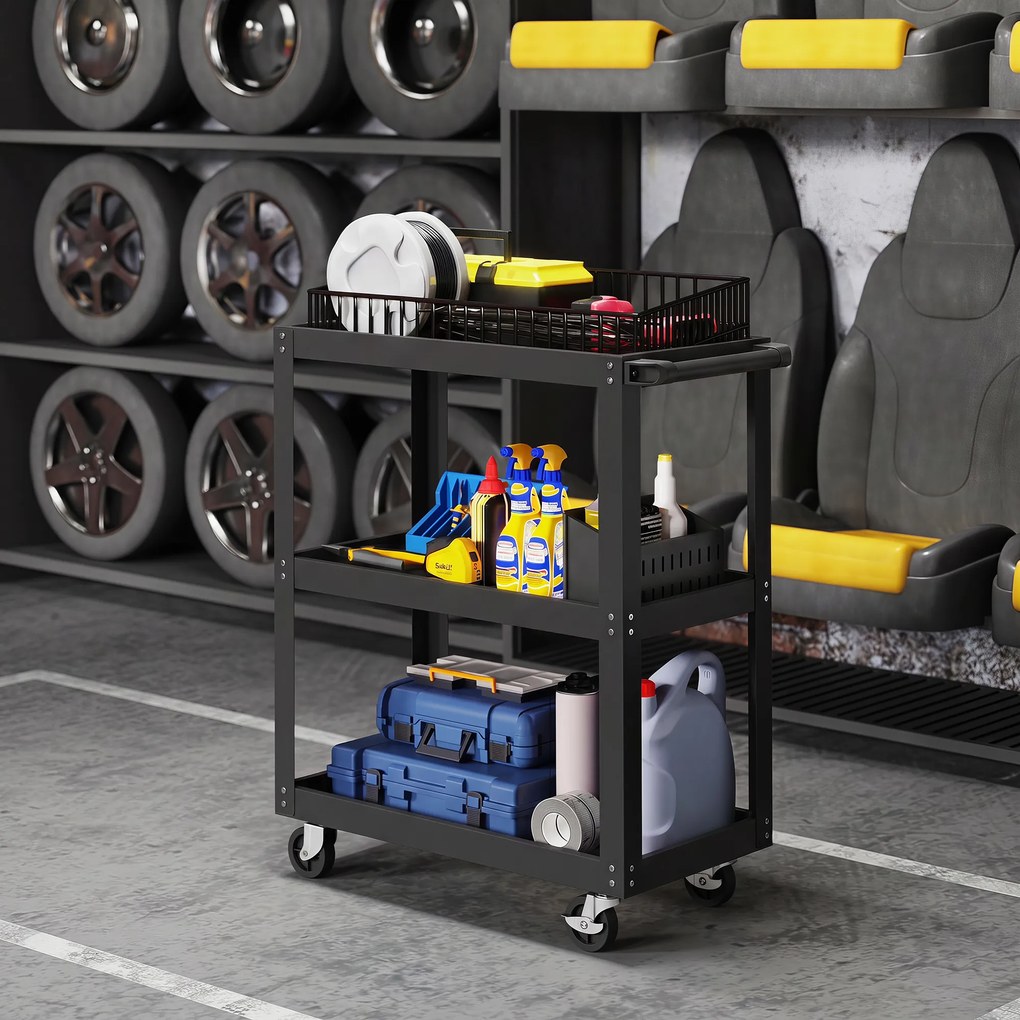 HOMCOM Cărucior pentru Scule cu 3 Rafturi cu Margini Înalte, 70,5x35x82,5 cm, Negru | Aosom Romania