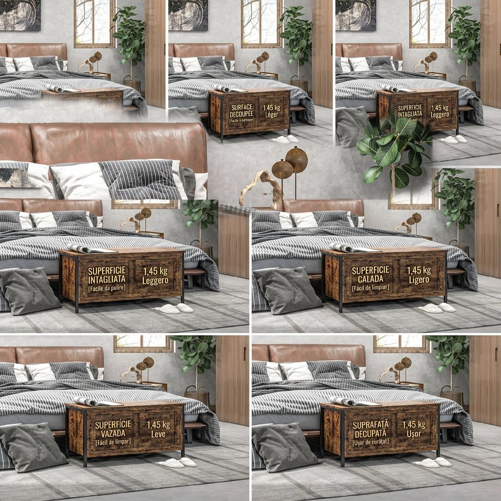 HOMCOM Bancă de Depozitare de 95L în Stil Industrial cu Capac cu Balamale de Siguranță, 80x40x49 cm, Maro Rustic | Aosom Romania