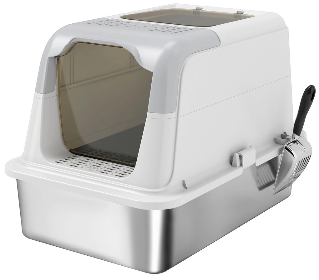 PawHut Litieră pentru pisici cu 2 intrări, deodorant și lopățică Alb și gri | Aosom Romania