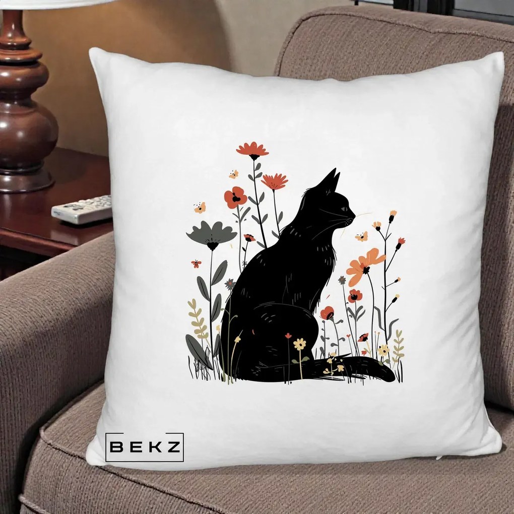 Perna Decorativa Pisica Neagra Profil Flori Portocalii, 40x40 cm, Alb Pufos, Husa Detasabila, Perna Inclusa, BEKZ®