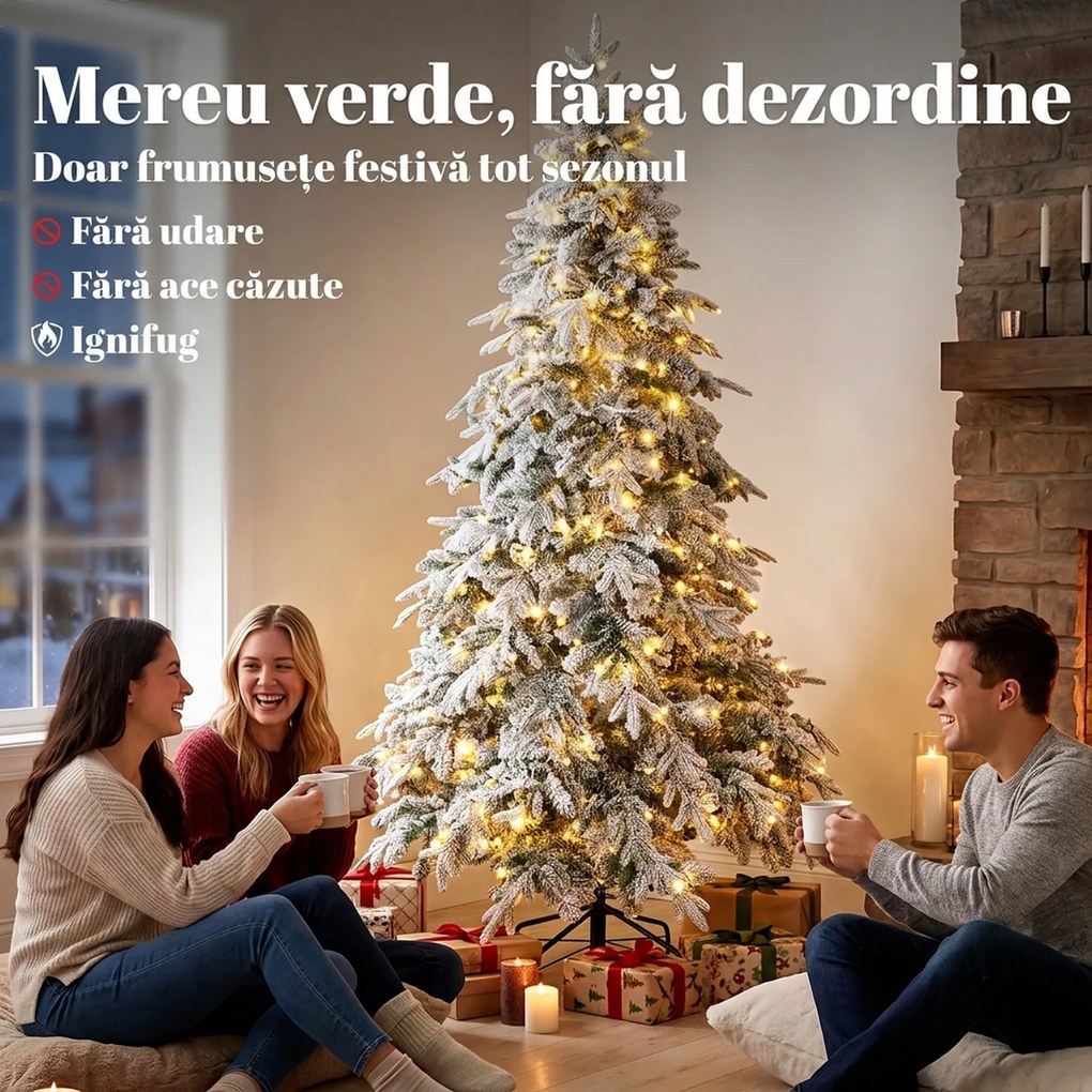 HOMCOM Brad de Crăciun Înzăpezit 210 cm cu 450 de Lumini LED Alb Cald, Timer, Telecomandă, 8 Modalități, 1080 de Ramuri Ignifuge | Aosom Romania