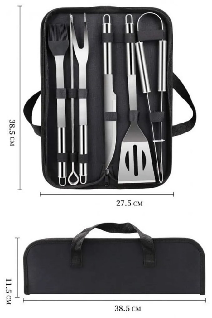 Set 9 ustensile gratar din inox HouseXL BBQ, Cu geanta transport inclusa, Cleste, Spatula, Furculita, Cutit, Perie gratar si Frigarui