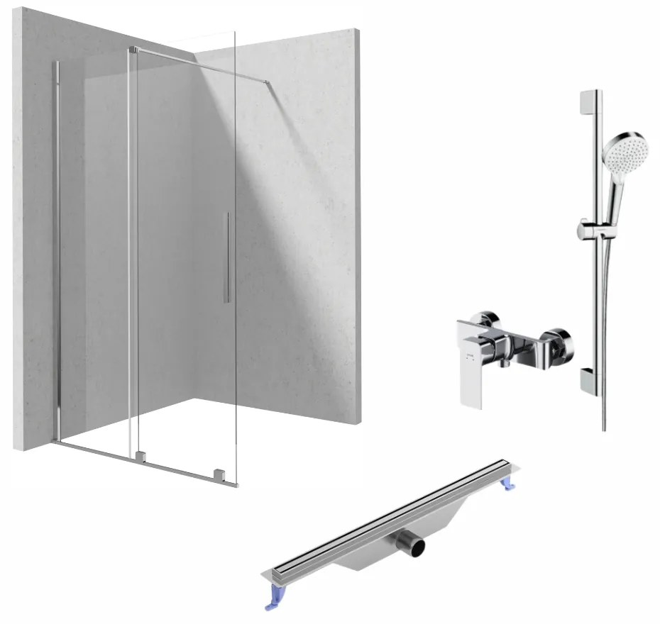 Set paravan dus walk-in cu usa glisanta, 100x195 cm, rigola 700 mm cu iesire laterala, para, para dus, furtun Hansgrohe si baterie dus