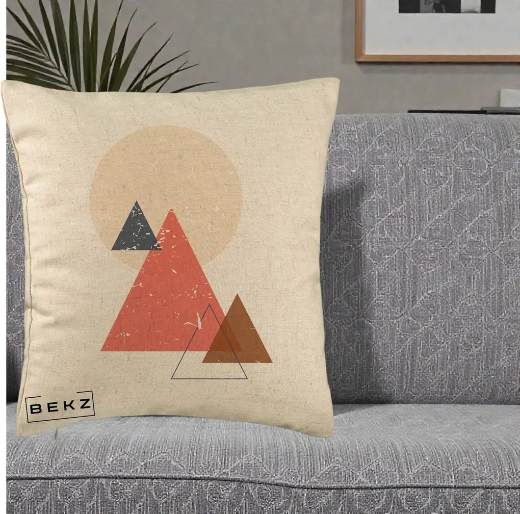 Perna Decorativa Geometric Munti si Soare, 40x40 cm, Bej, Husa Detasabila, Perna Inclusa, BEKZ®
