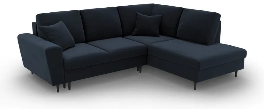 Colțar albastru închis extensibil, cu spațiu de depozitare cu tapițerie din catifea (cu colț pe partea dreaptă-în formă de ”L”) Kyoto – Cosmopolitan Design
