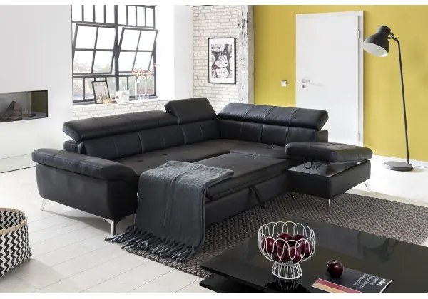 Canapea colțar extensibilă din piele SALERNO II, dreapta, neagră