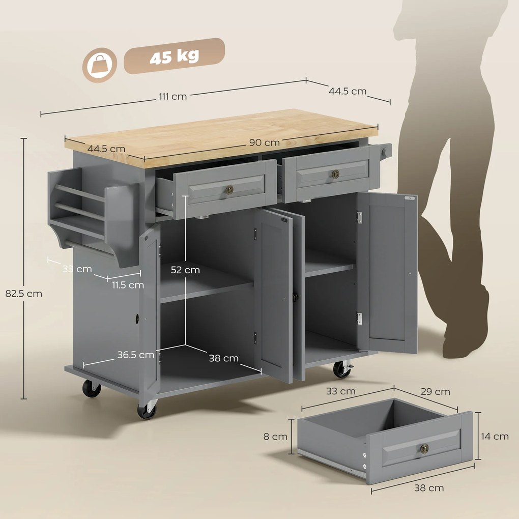 HOMCOM Căruț de Bucătărie cu 2 Sertare și 2 Dulapuri, Insulă de Bucătărie cu Blat din Lemn, 111x44,5x82,5 cm, Gri | Aosom Romania