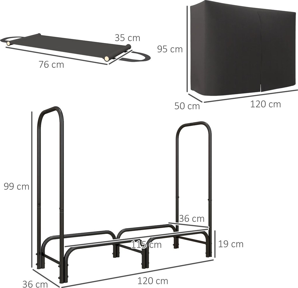 Outsunny Suport pentru Lemne din Metal cu Rastel Reglabil, Geantă de Pânză și Husă Impermeabilă, 120x36x99 cm, Negru | Aosom Romania