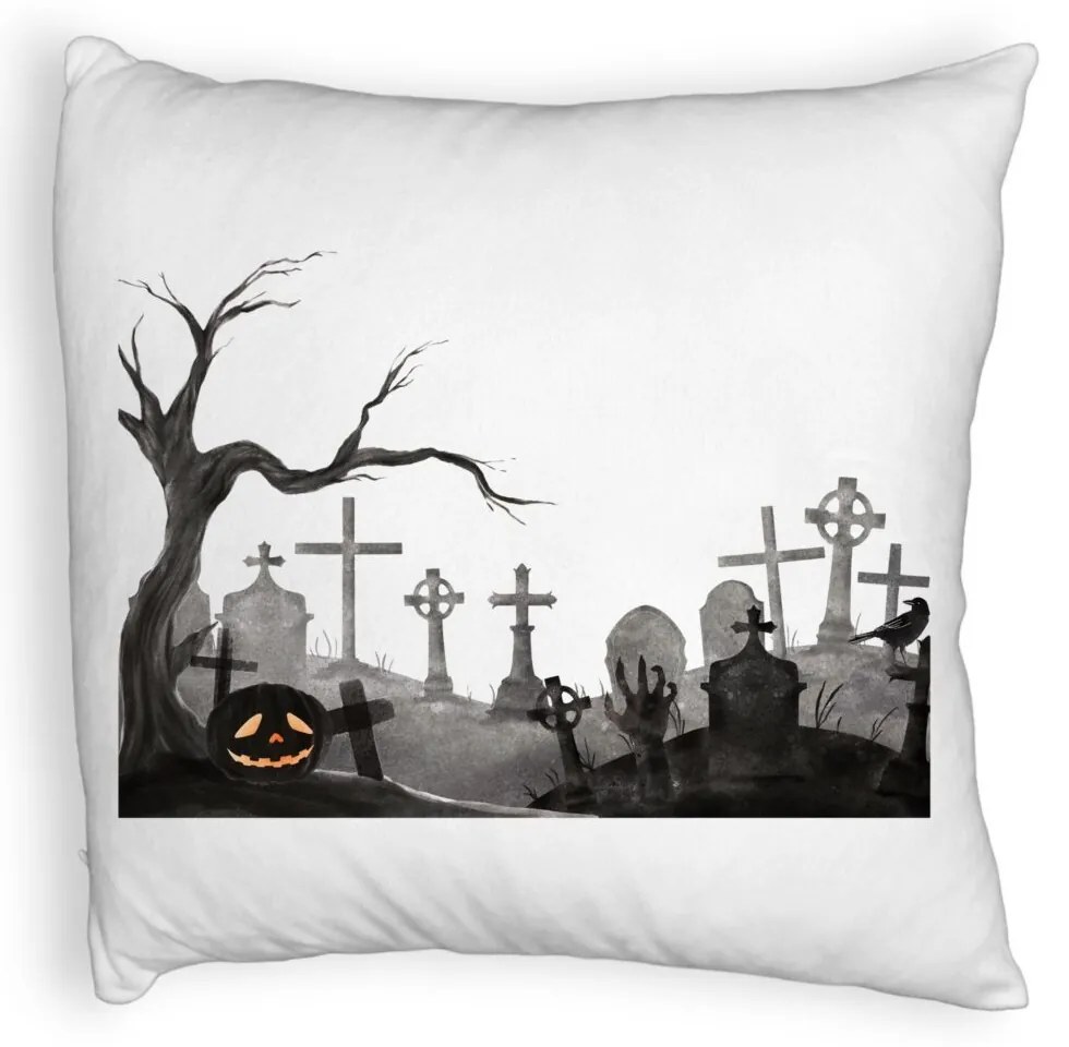 Perna Decorativa Fluffy cu motiv Cimitir de Halloween, 40x40 cm, Alba, Husa Detasabila, Burduf