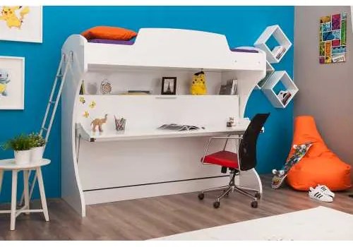 Pat rabatabil suprapus cu birou Diva Academy Bunk (85X190) si (90X190) - Alb Mat