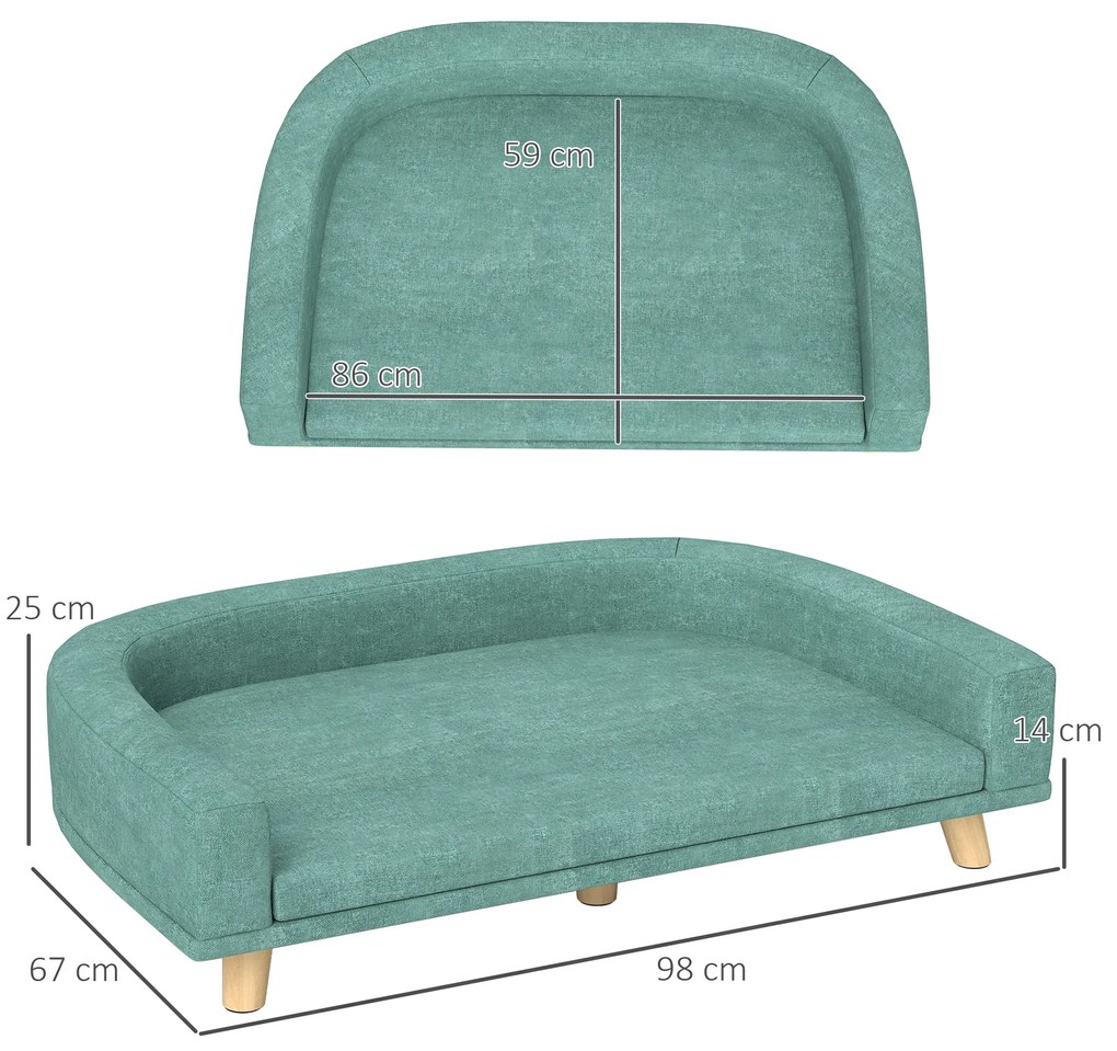 PawHut Canapea Elegantă pentru Animale de Companie, Pat Înălțat cu Pernă Moale, Cadru din Lemn, Verde, 98x67x25cm | Aosom Romania